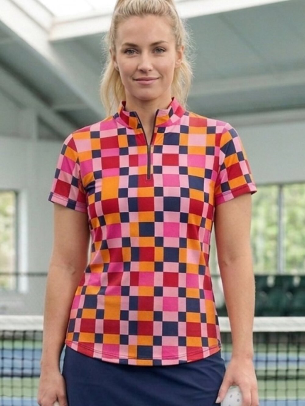 IBKUL/ Annalise Short Sleeve Mock 1/4 Zip / UPF 50+/ Pink-Navy/ Large/ Like New!